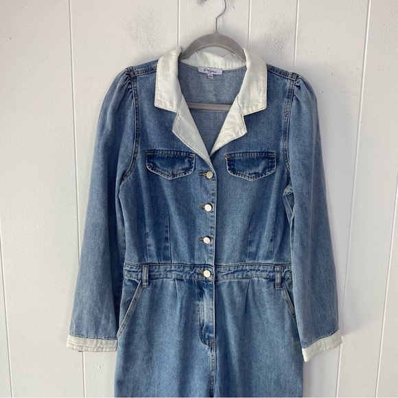 Polagram Denim Jumsuit Light Wash V-neck Collared Corduroy Sz L Straight Leg - Picture 3 of 16